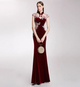 velvet qipao dress with illusion mesh and embroidery - MEI